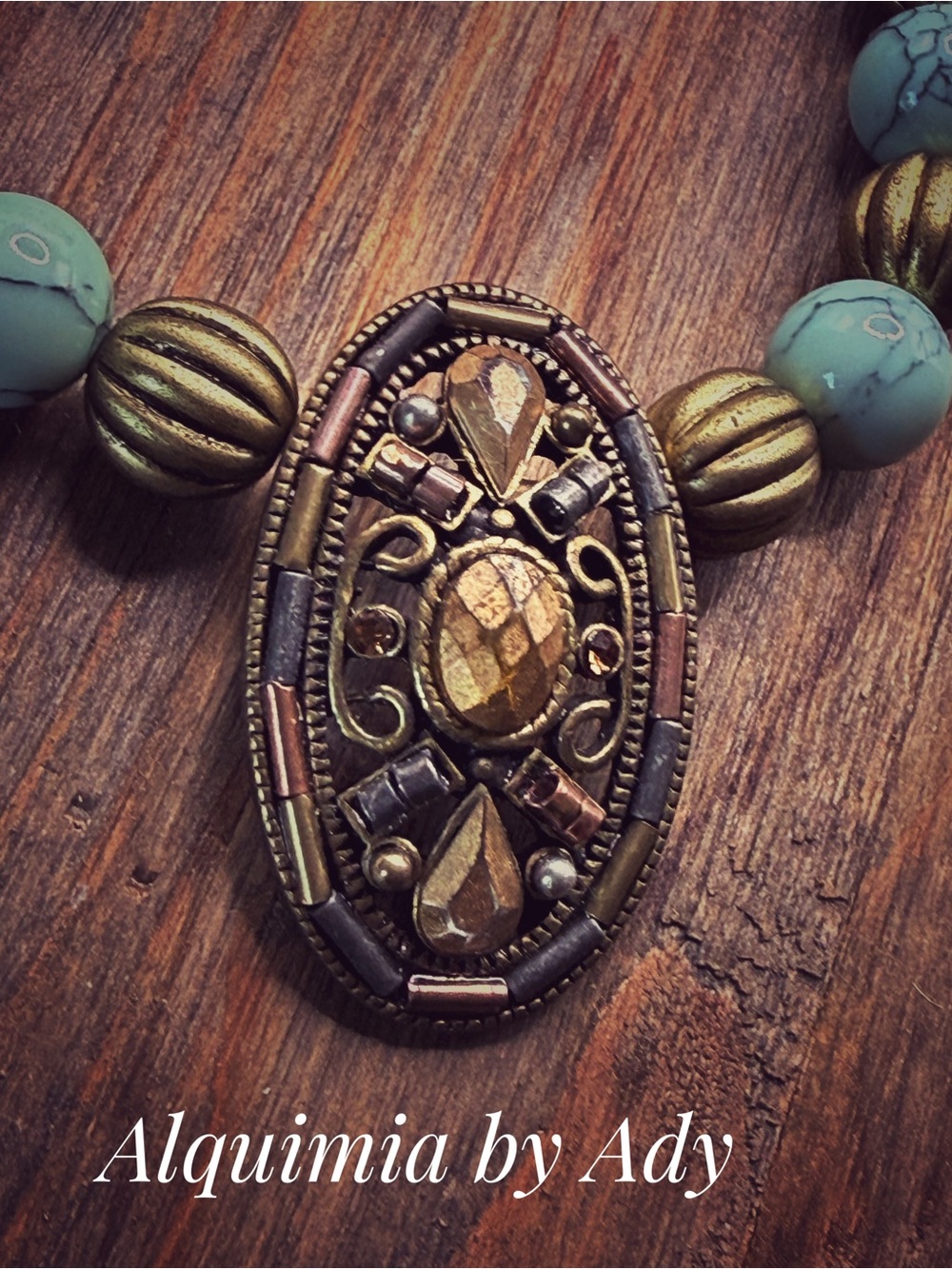 Turquoise, Gold & bronze Beaded Bracelet + RUSTIC - Picture 2 of 3